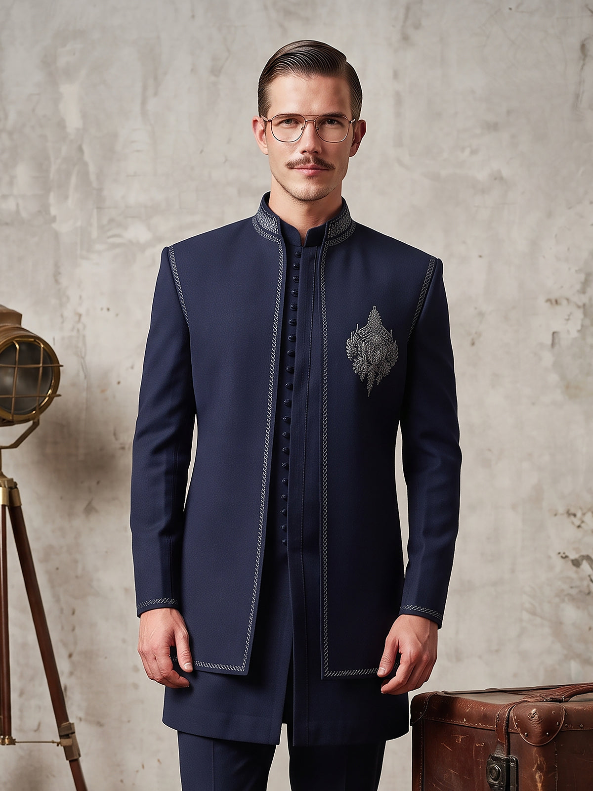 Navy blue statement jacket men indo western