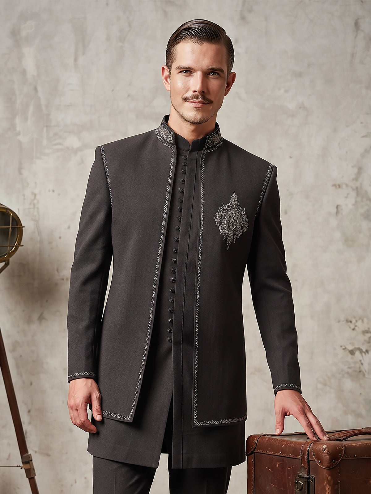 Grey contemporary tailored men indo western outfit