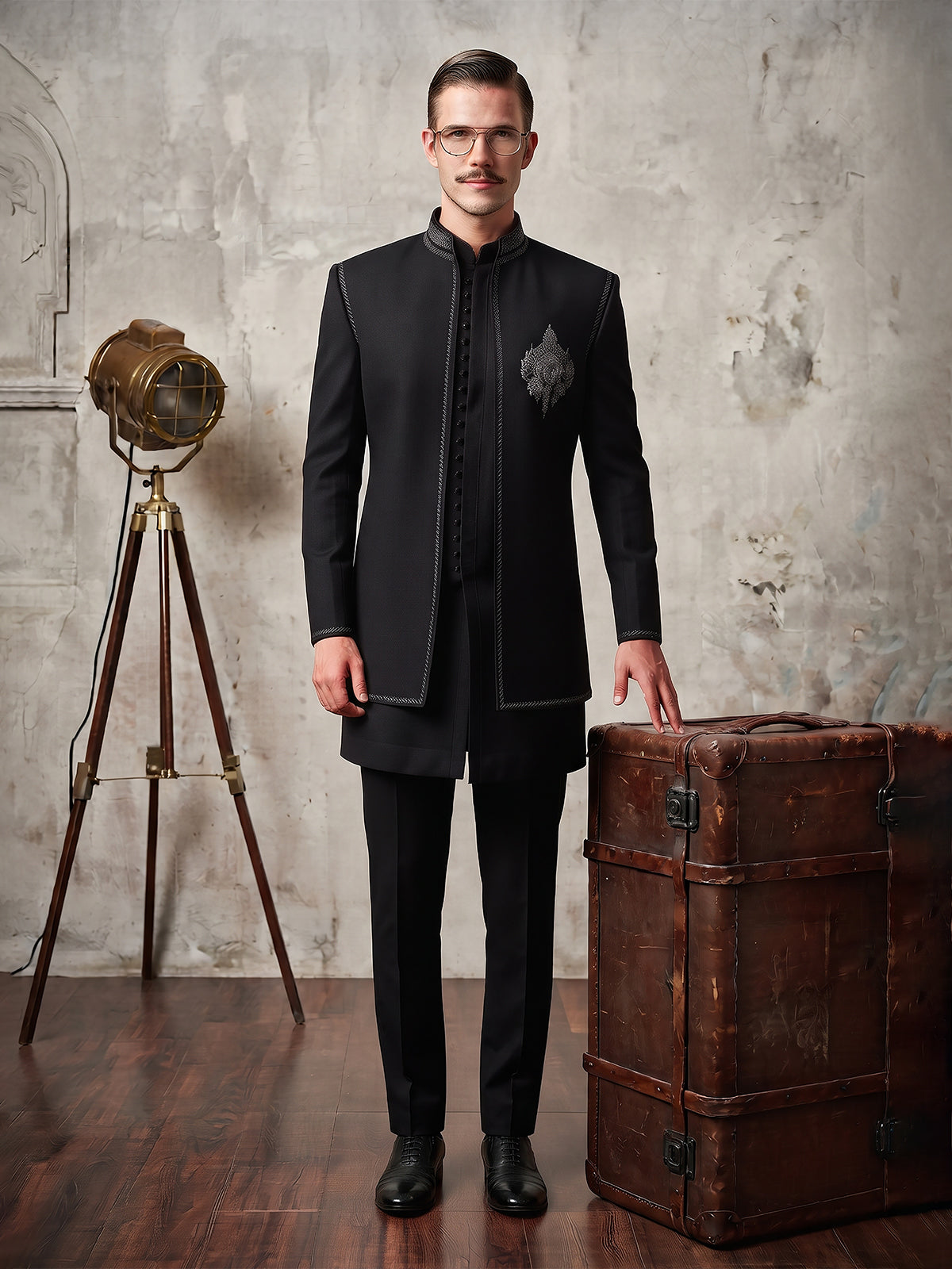 Black regal embellished men indo western