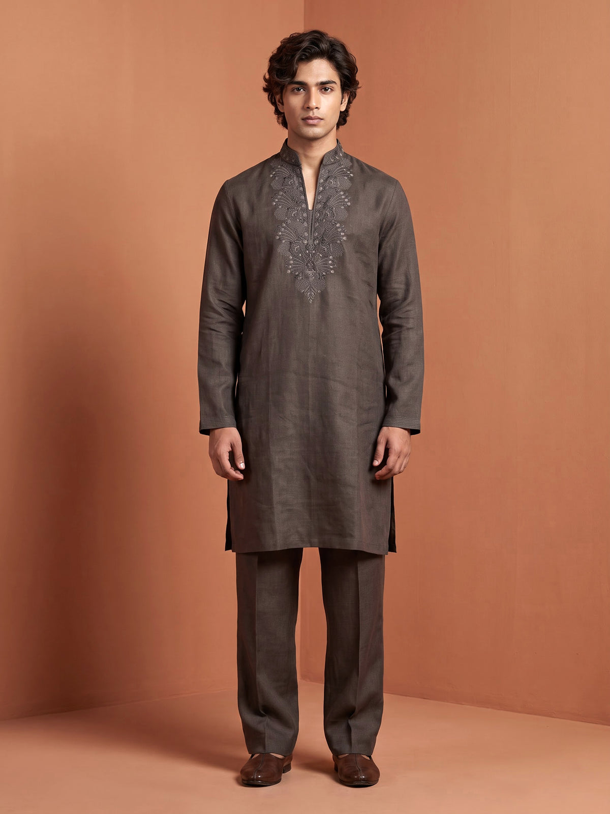 Charcoal grey cotton silk kurta suit with silver gunmetal embroidery for mens