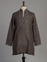 Charcoal grey cotton silk kurta suit with silver gunmetal embroidery for mens