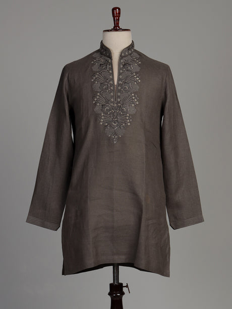 Charcoal grey cotton silk kurta suit with silver gunmetal embroidery for mens