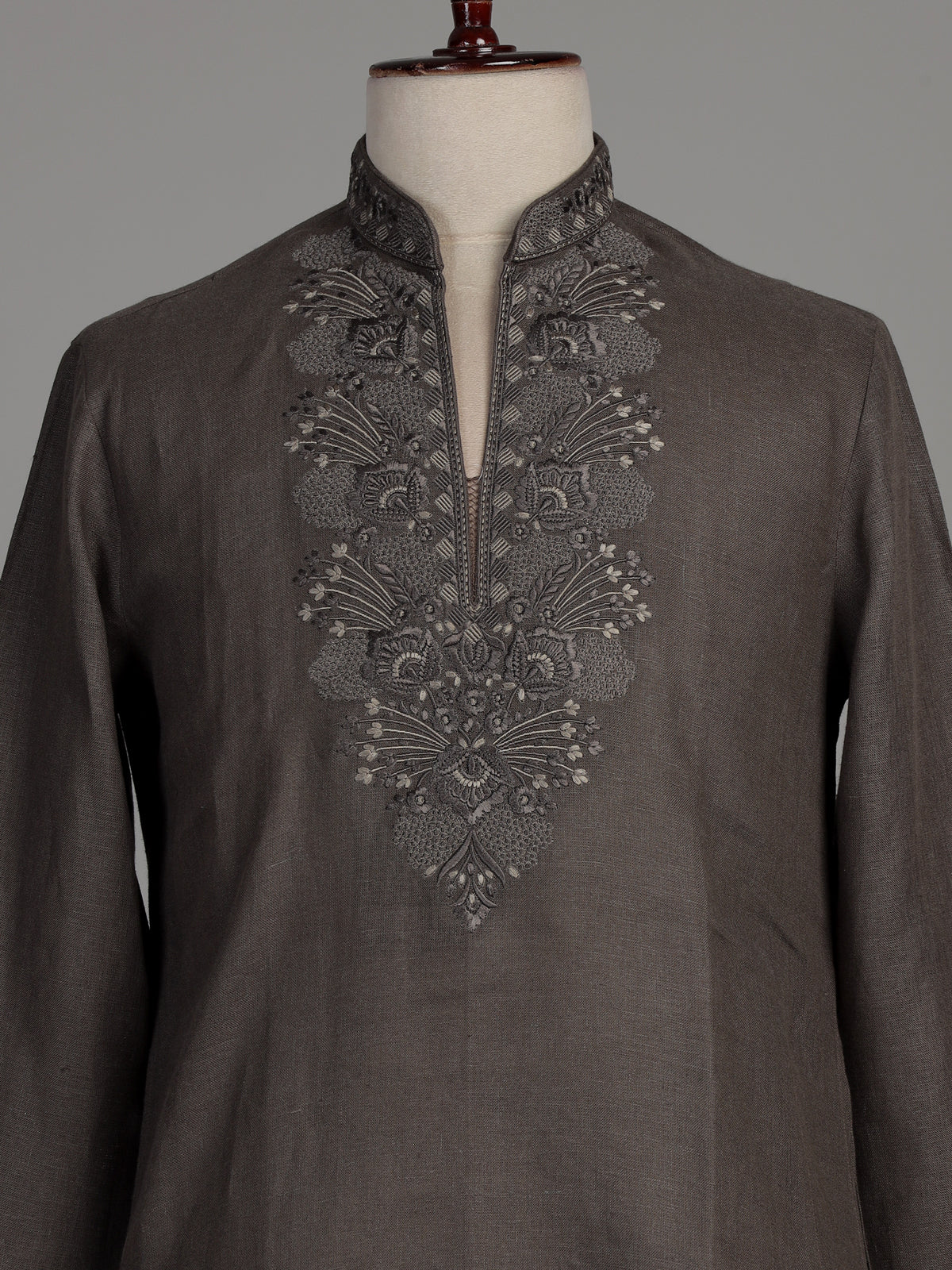 Charcoal grey cotton silk kurta suit with silver gunmetal embroidery for mens