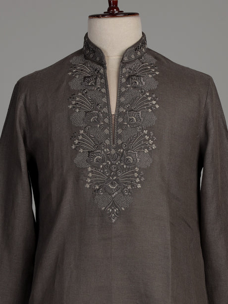 Charcoal grey cotton silk kurta suit with silver gunmetal embroidery for mens