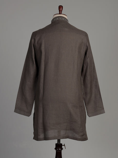 Charcoal grey cotton silk kurta suit with silver gunmetal embroidery for mens
