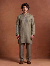 Olive cotton silk kurta suit with silver gunmetal embroidery for mens