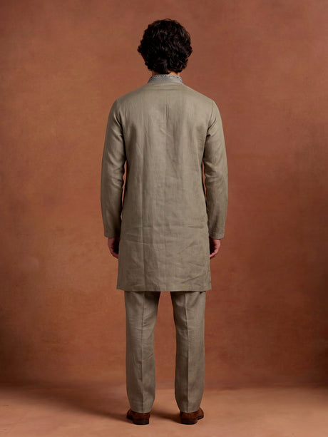 Olive cotton silk kurta suit with silver gunmetal embroidery for mens