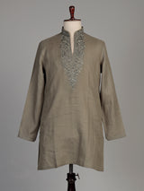 Olive cotton silk kurta suit with silver gunmetal embroidery for mens