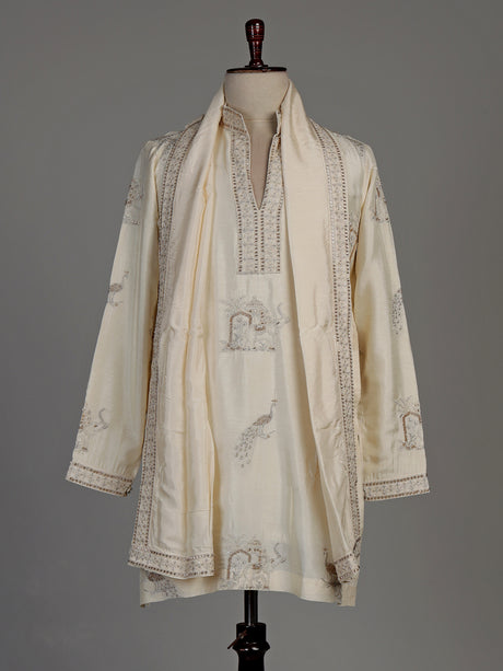 Cream raw silk kurta suit with royal peacock and elephant embroidery for mens