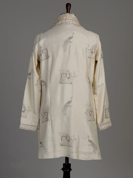 Cream raw silk kurta suit with royal peacock and elephant embroidery for mens