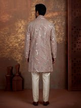 Pastel pink silk kurta suit with traditional mirror-work embroidery for mens