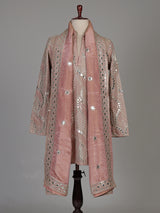 Pastel pink silk kurta suit with traditional mirror-work embroidery for mens