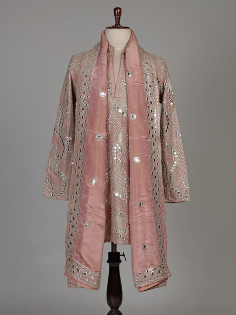 Pastel pink silk kurta suit with traditional mirror-work embroidery for mens