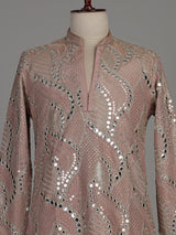Pastel pink silk kurta suit with traditional mirror-work embroidery for mens