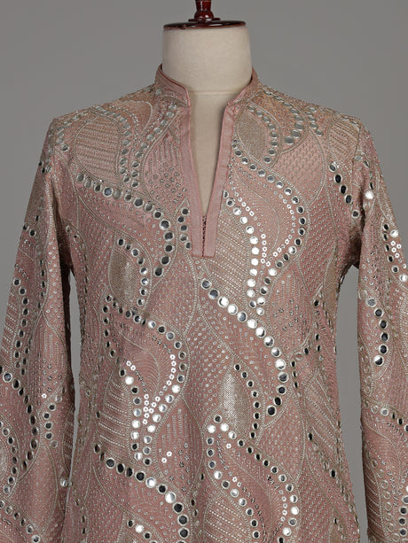 Pastel pink silk kurta suit with traditional mirror-work embroidery for mens