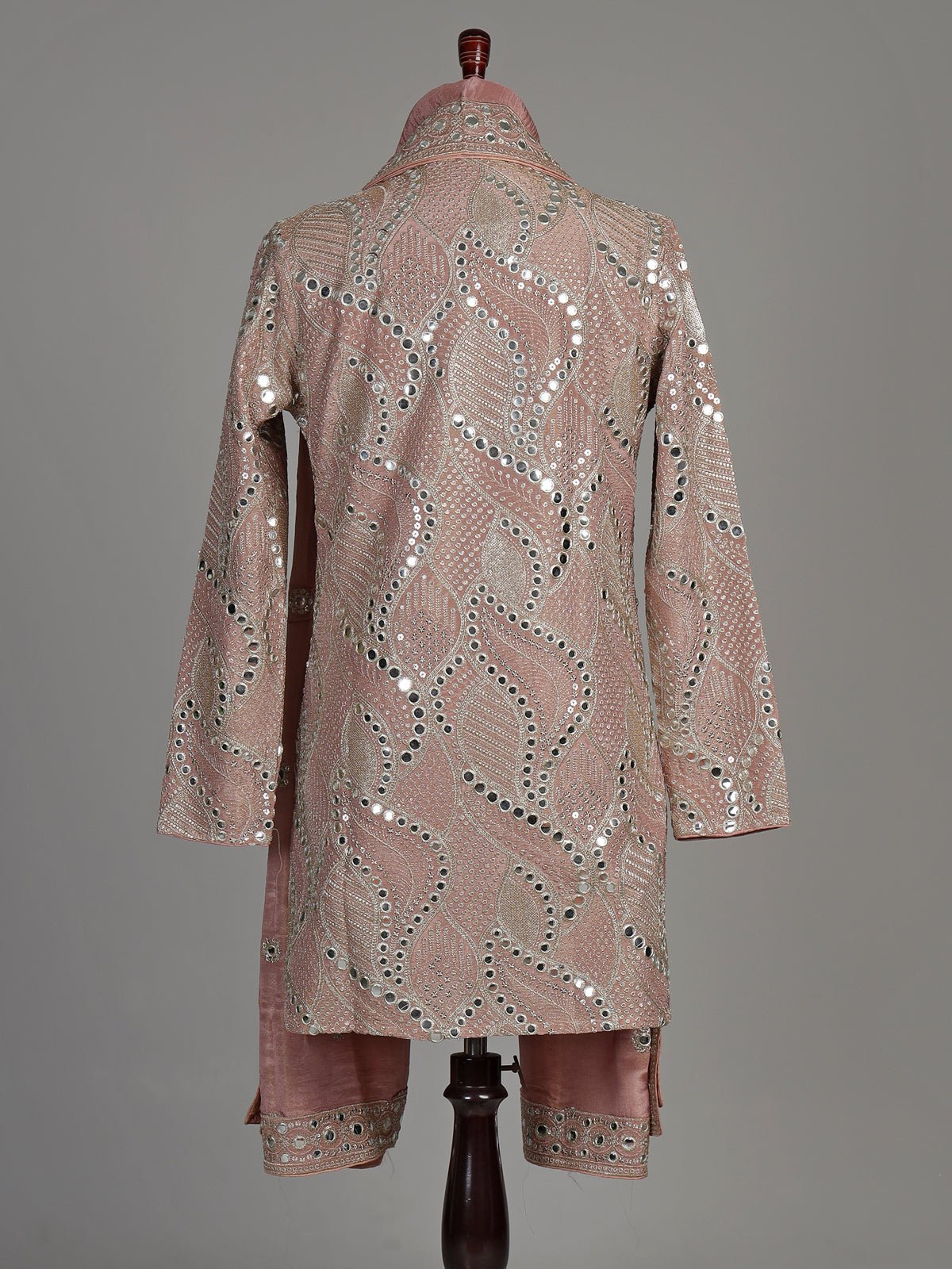 Pastel pink silk kurta suit with traditional mirror-work embroidery for mens