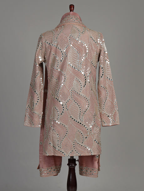 Pastel pink silk kurta suit with traditional mirror-work embroidery for mens