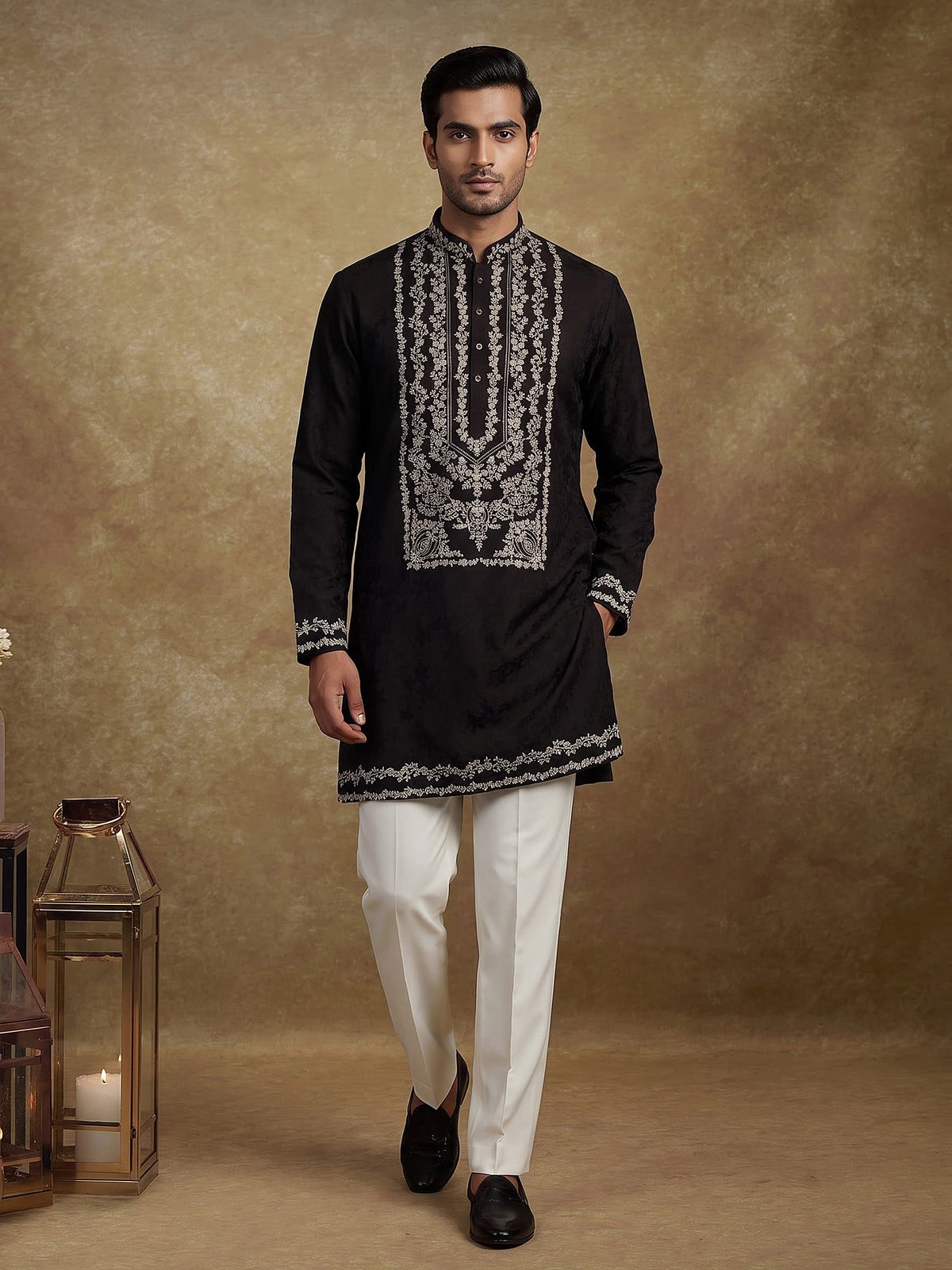 Dark brown dupion silk blend kurta suit with floral zardosi embroidery for mens
