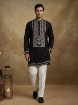 Dark brown dupion silk blend kurta suit with floral zardosi embroidery for mens
