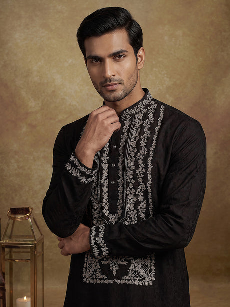 Dark brown dupion silk blend kurta suit with floral zardosi embroidery for mens