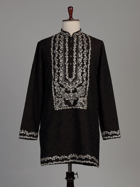 Dark brown dupion silk blend kurta suit with floral zardosi embroidery for mens