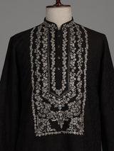 Dark brown dupion silk blend kurta suit with floral zardosi embroidery for mens