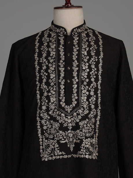 Dark brown dupion silk blend kurta suit with floral zardosi embroidery for mens