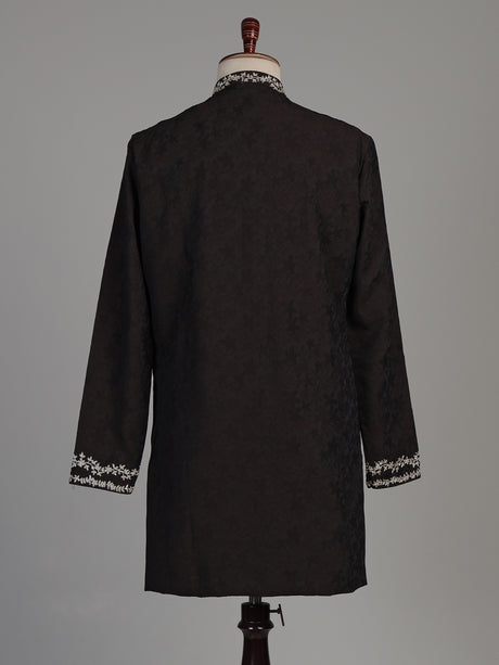 Dark brown dupion silk blend kurta suit with floral zardosi embroidery for mens