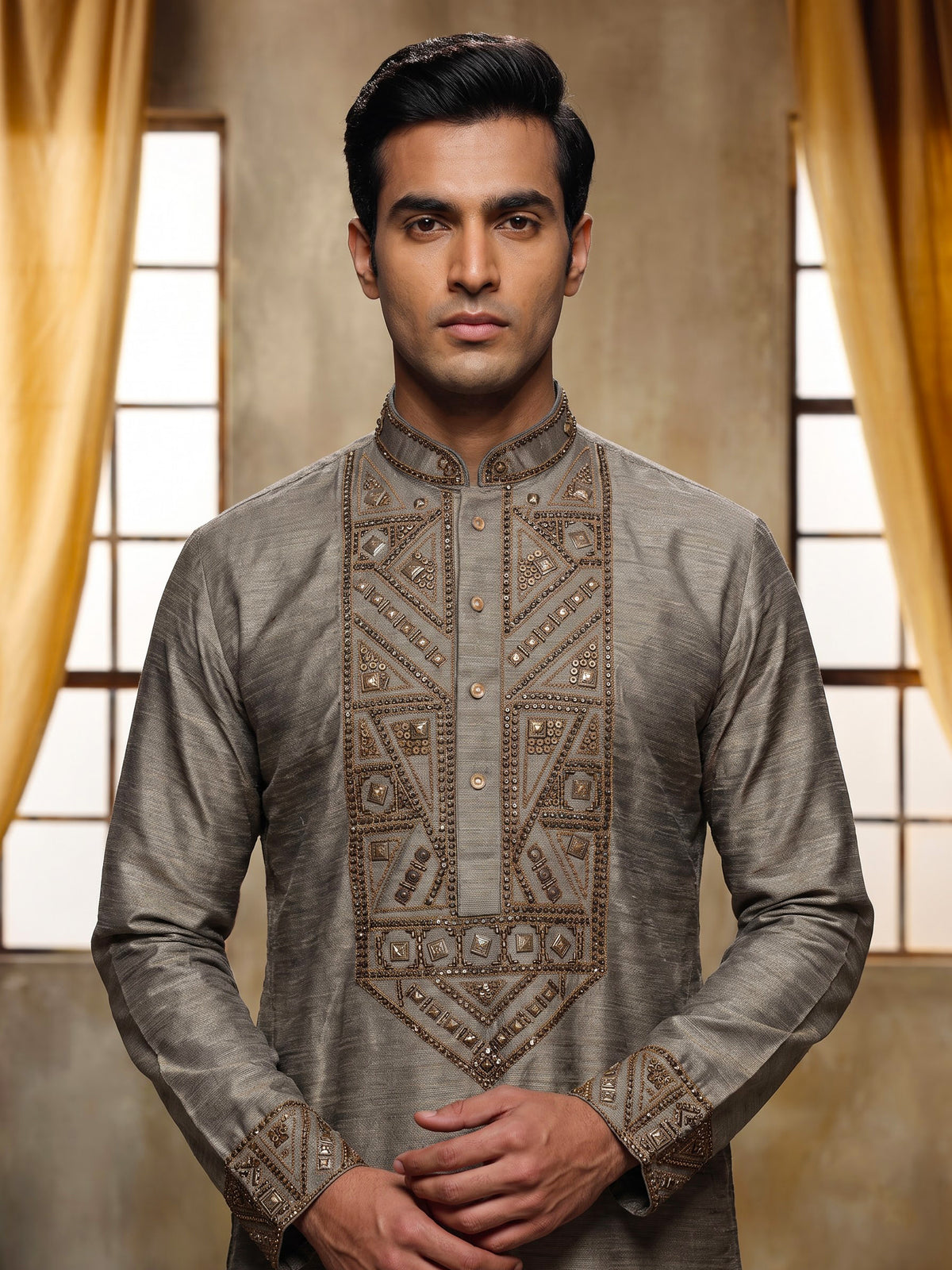 Pastel grey tusser silk kurta suit with antique gold geometric embroidery for mens