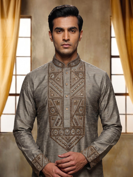Pastel grey tusser silk kurta suit with antique gold geometric embroidery for mens