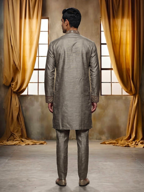 Pastel grey tusser silk kurta suit with antique gold geometric embroidery for mens