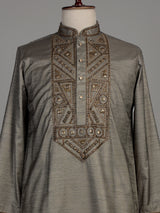 Pastel grey tusser silk kurta suit with antique gold geometric embroidery for mens