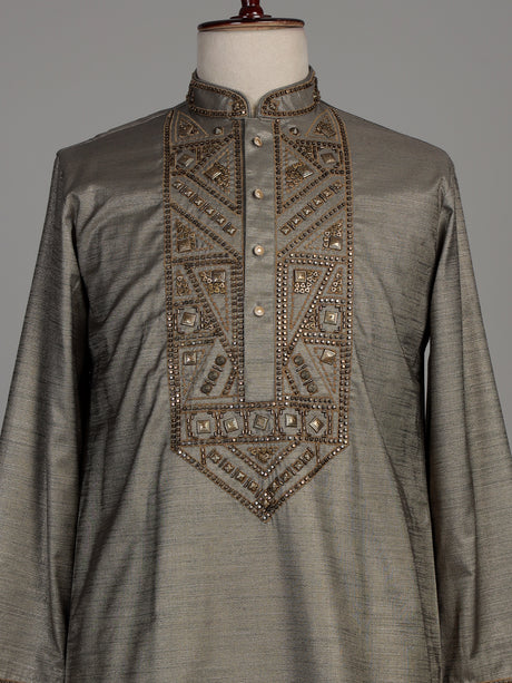 Pastel grey tusser silk kurta suit with antique gold geometric embroidery for mens