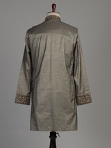 Pastel grey tusser silk kurta suit with antique gold geometric embroidery for mens