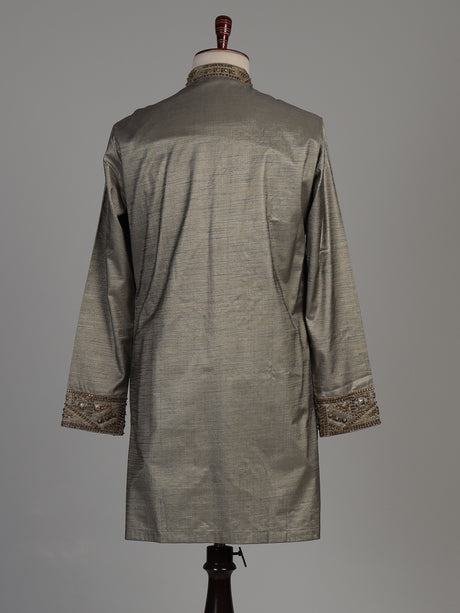 Pastel grey tusser silk kurta suit with antique gold geometric embroidery for mens