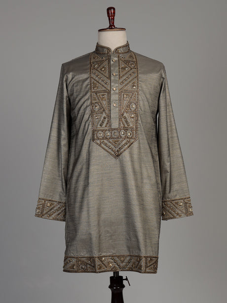 Pastel grey tusser silk kurta suit with antique gold geometric embroidery for mens