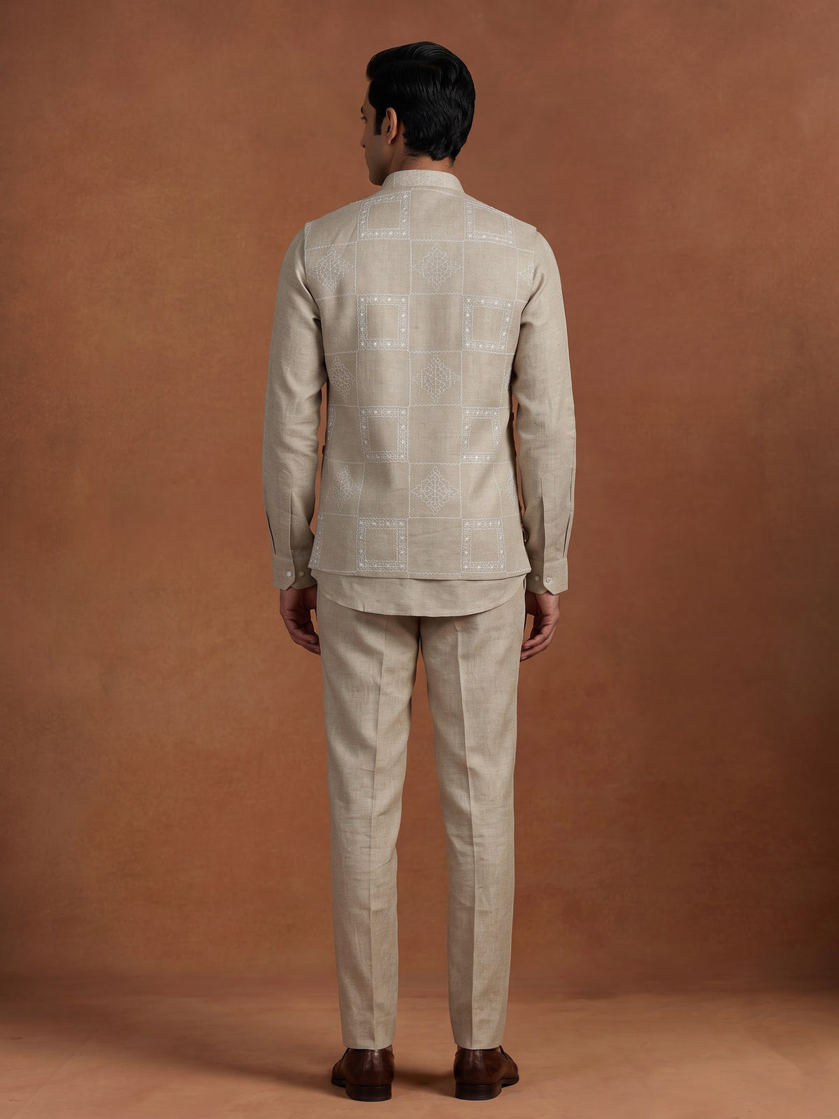 Beige linen silk waistcoat suit with multicoloured floral thread for mens