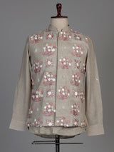 Beige linen silk waistcoat suit with multicoloured floral thread for mens