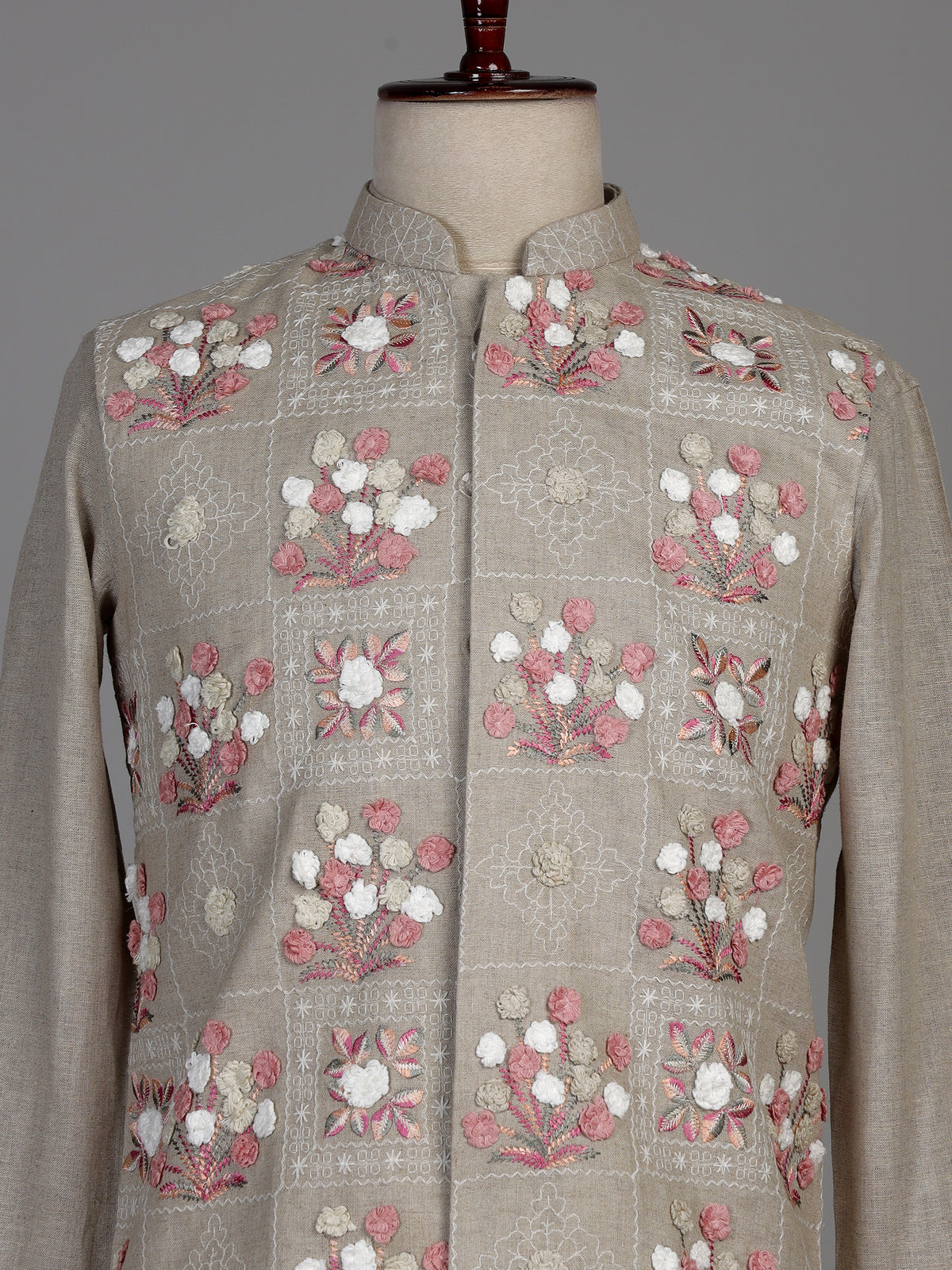 Beige linen silk waistcoat suit with multicoloured floral thread for mens