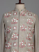 Beige linen silk waistcoat suit with multicoloured floral thread for mens