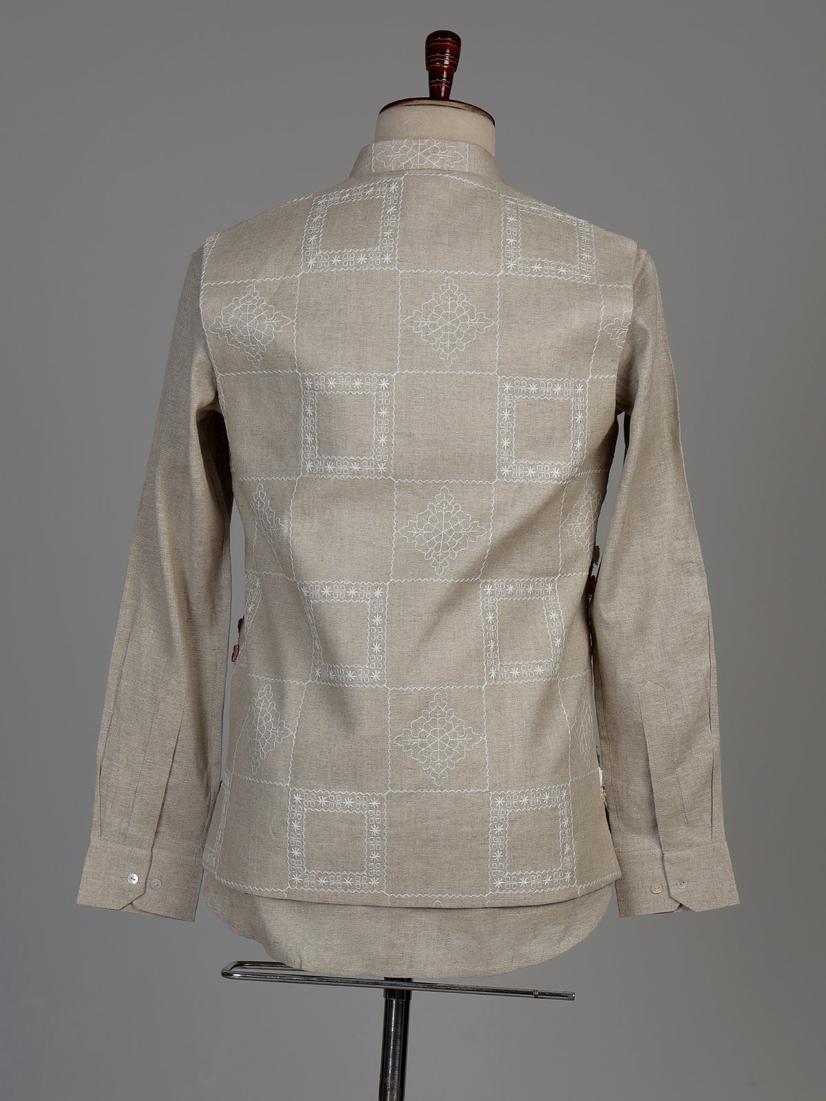 Beige linen silk waistcoat suit with multicoloured floral thread for mens