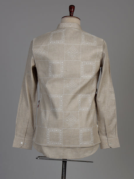 Beige linen silk waistcoat suit with multicoloured floral thread for mens