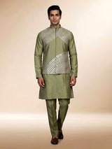 Mehendi green tussar silk waistcoat suit with asymmetric silver embroidery for mens