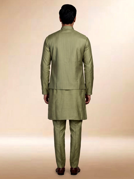 Mehendi green tussar silk waistcoat suit with asymmetric silver embroidery for mens