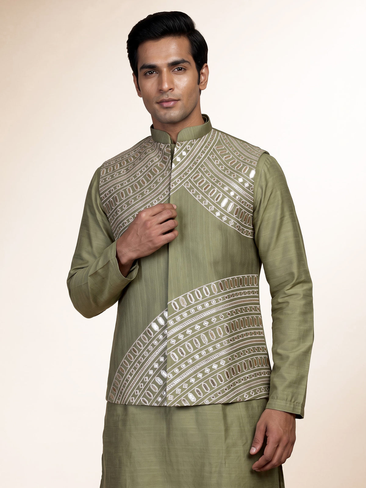 Mehendi green tussar silk waistcoat suit with asymmetric silver embroidery for mens
