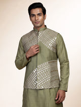 Mehendi green tussar silk waistcoat suit with asymmetric silver embroidery for mens