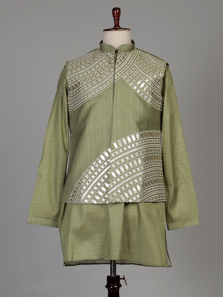Mehendi green tussar silk waistcoat suit with asymmetric silver embroidery for mens