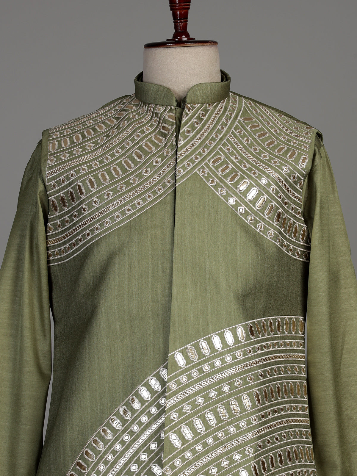 Mehendi green tussar silk waistcoat suit with asymmetric silver embroidery for mens