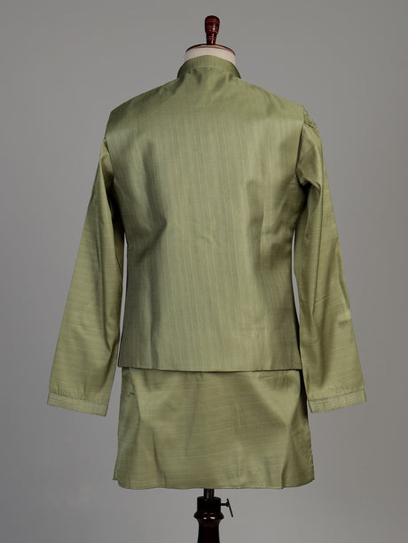 Mehendi green tussar silk waistcoat suit with asymmetric silver embroidery for mens