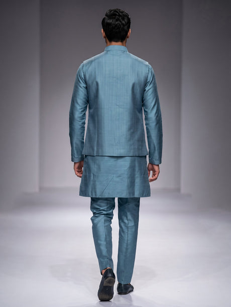Slate blue tussar silk waistcoat suit with silver aabla embroidery for mens